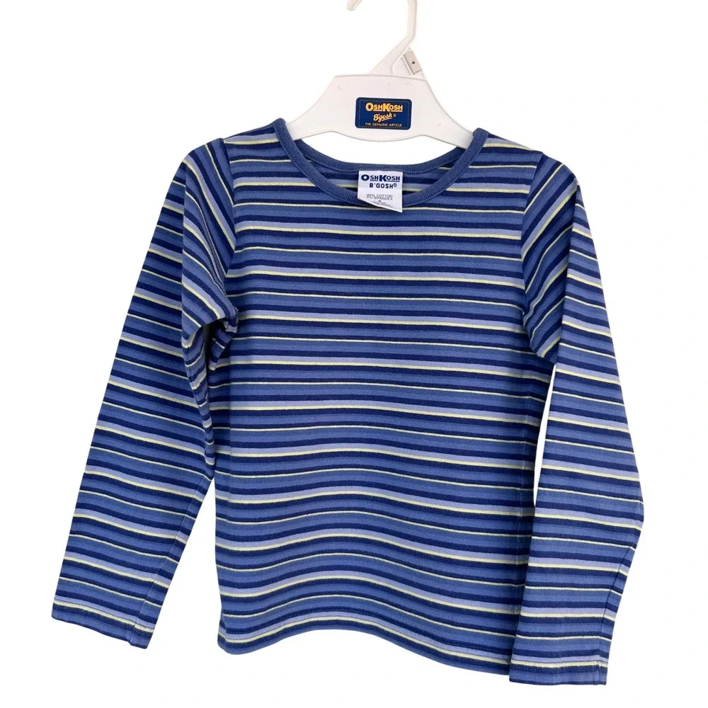 VTG OshKosh B'Gosh Long Sleeve Shirt Kids 6 Blue Yellow Striped 90s Y2K USA Made